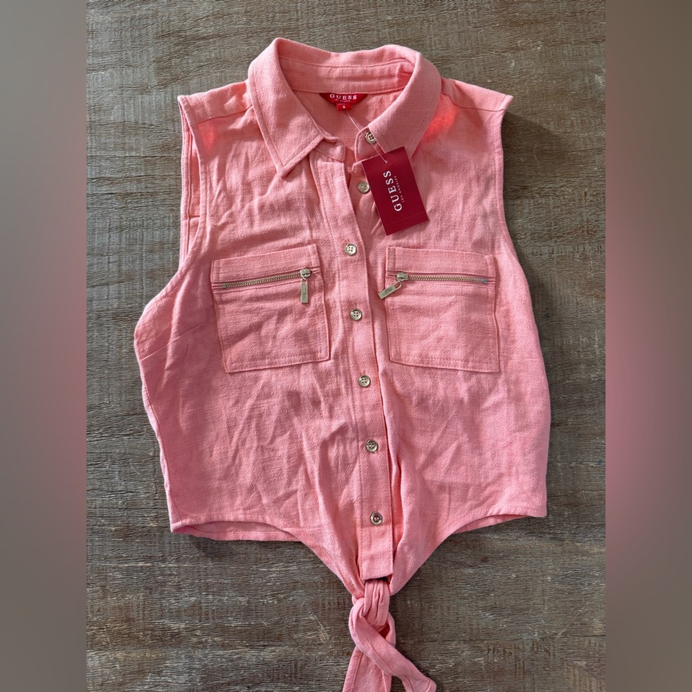 Guess Los Angeles NWT Peach Pink Tie-Front Sleeveless Button Down Top Small
